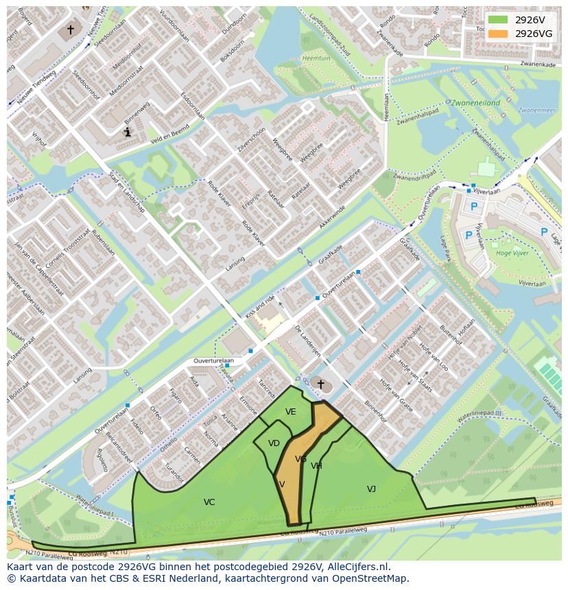 Afbeelding van het postcodegebied 2926 VG op de kaart.