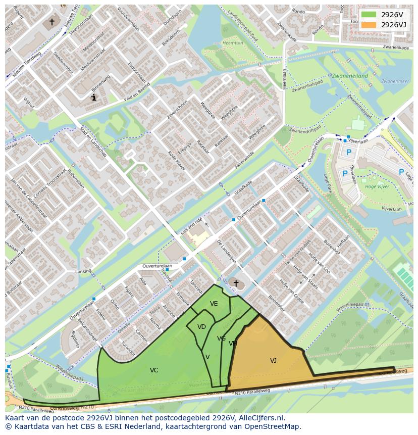 Afbeelding van het postcodegebied 2926 VJ op de kaart.