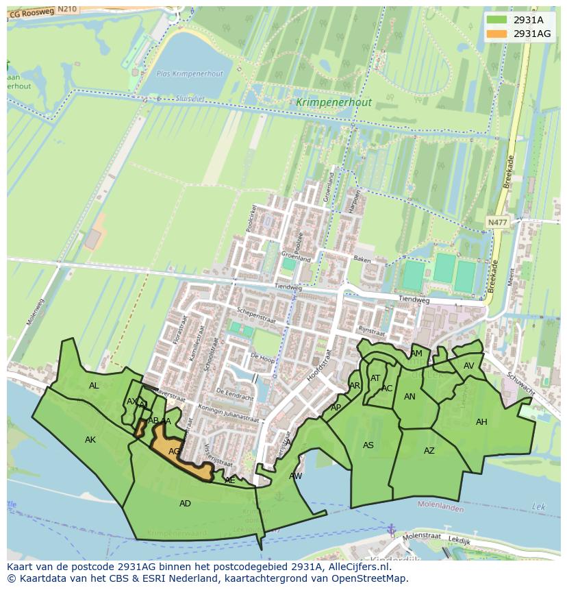 Afbeelding van het postcodegebied 2931 AG op de kaart.