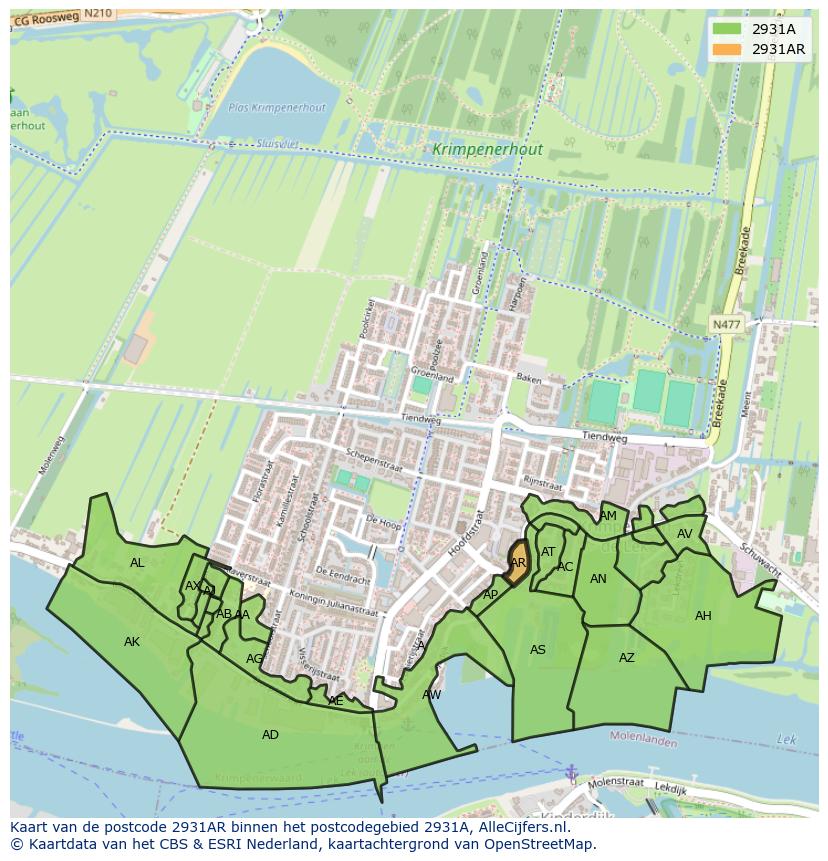 Afbeelding van het postcodegebied 2931 AR op de kaart.