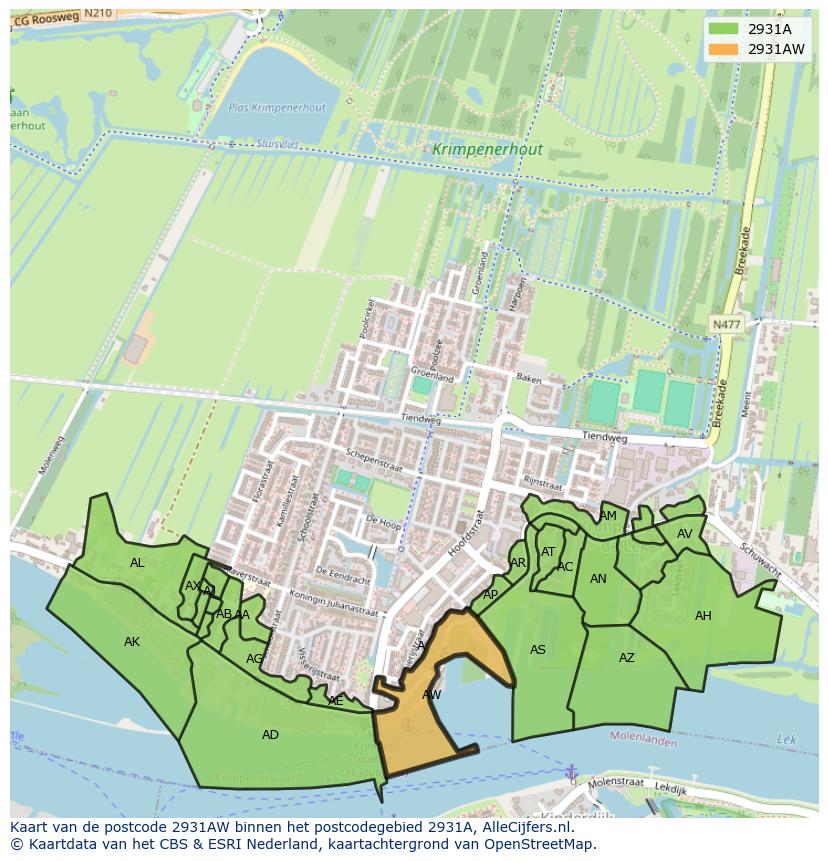 Afbeelding van het postcodegebied 2931 AW op de kaart.