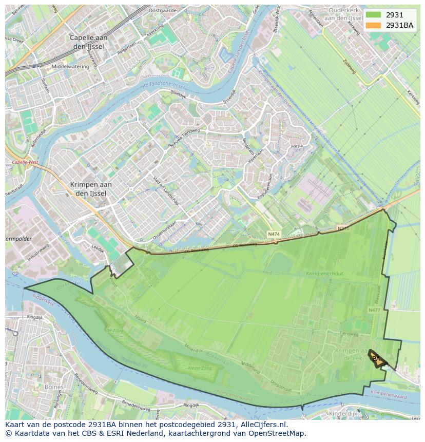 Afbeelding van het postcodegebied 2931 BA op de kaart.