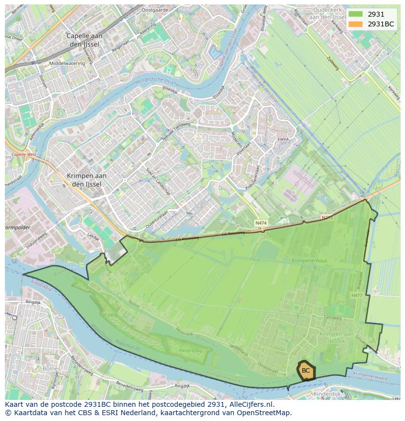 Afbeelding van het postcodegebied 2931 BC op de kaart.