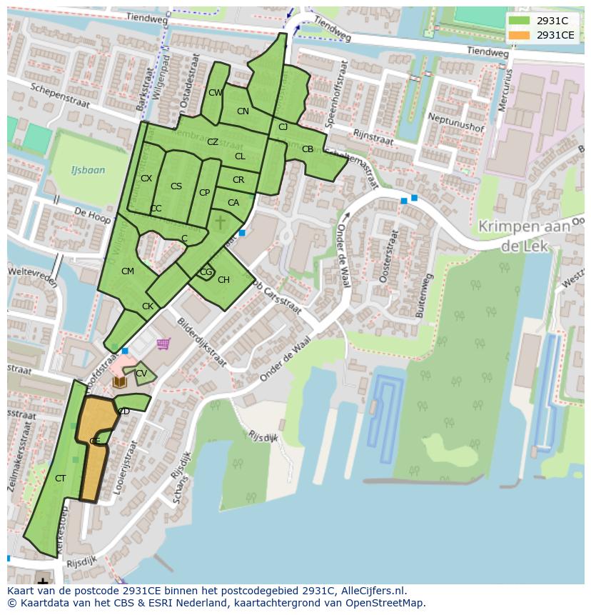 Afbeelding van het postcodegebied 2931 CE op de kaart.