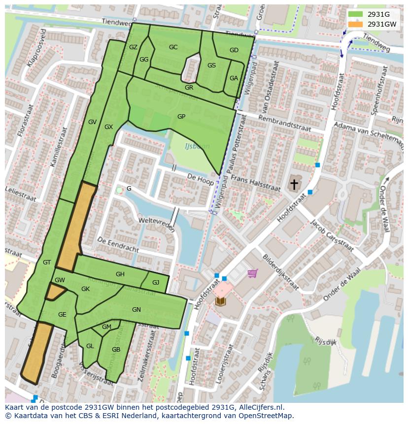Afbeelding van het postcodegebied 2931 GW op de kaart.