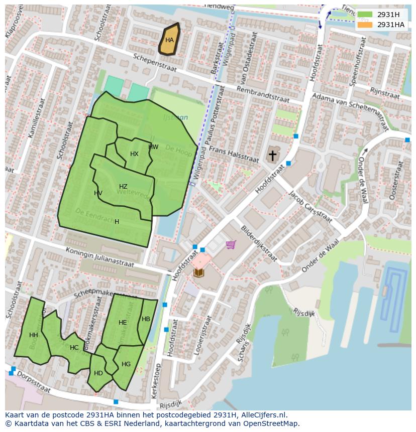 Afbeelding van het postcodegebied 2931 HA op de kaart.