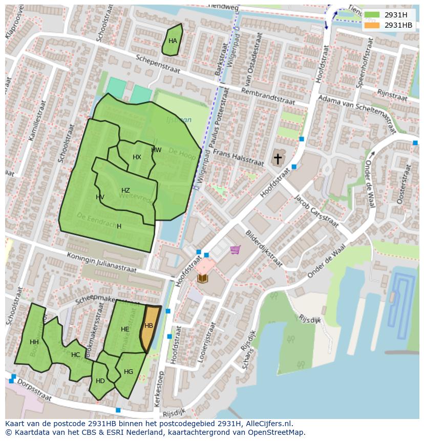 Afbeelding van het postcodegebied 2931 HB op de kaart.