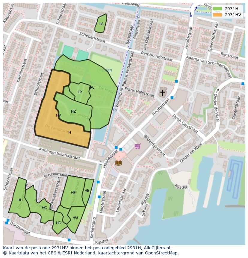 Afbeelding van het postcodegebied 2931 HV op de kaart.
