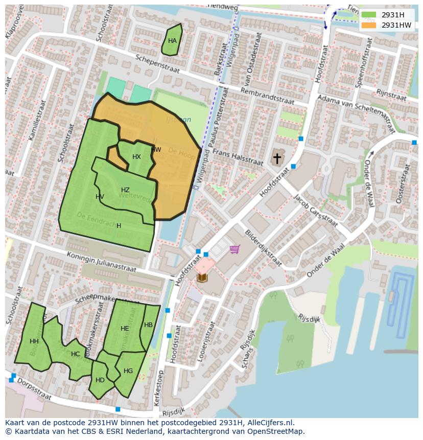 Afbeelding van het postcodegebied 2931 HW op de kaart.