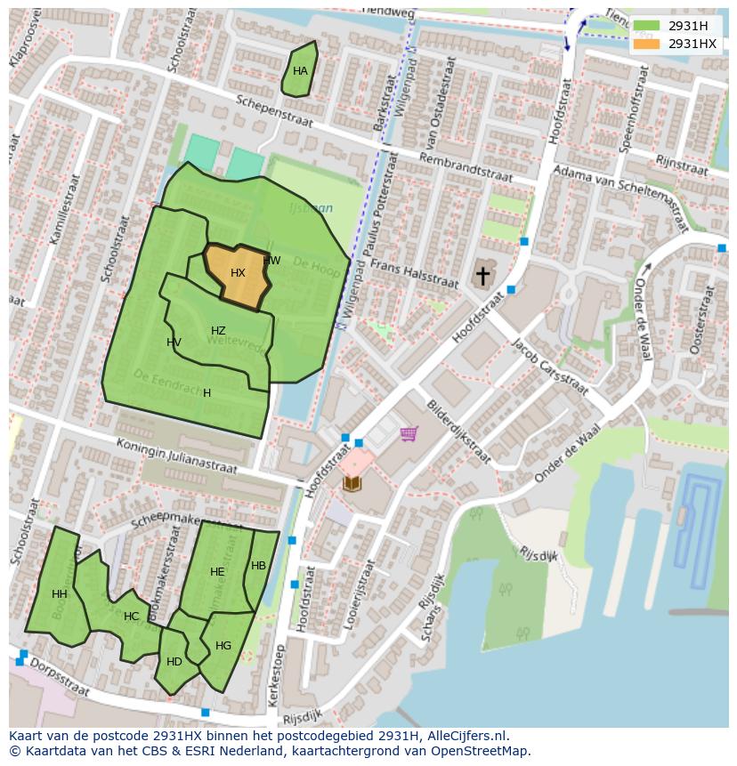 Afbeelding van het postcodegebied 2931 HX op de kaart.
