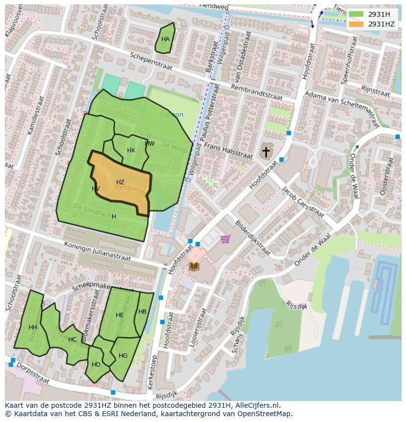 Afbeelding van het postcodegebied 2931 HZ op de kaart.