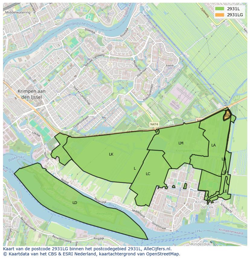 Afbeelding van het postcodegebied 2931 LG op de kaart.