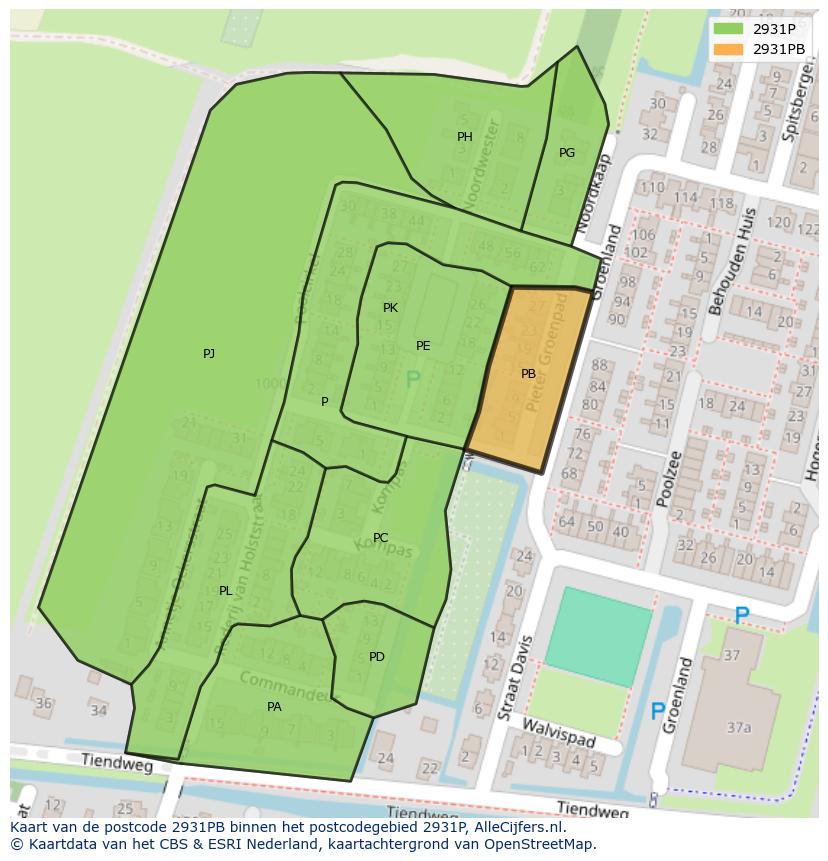 Afbeelding van het postcodegebied 2931 PB op de kaart.