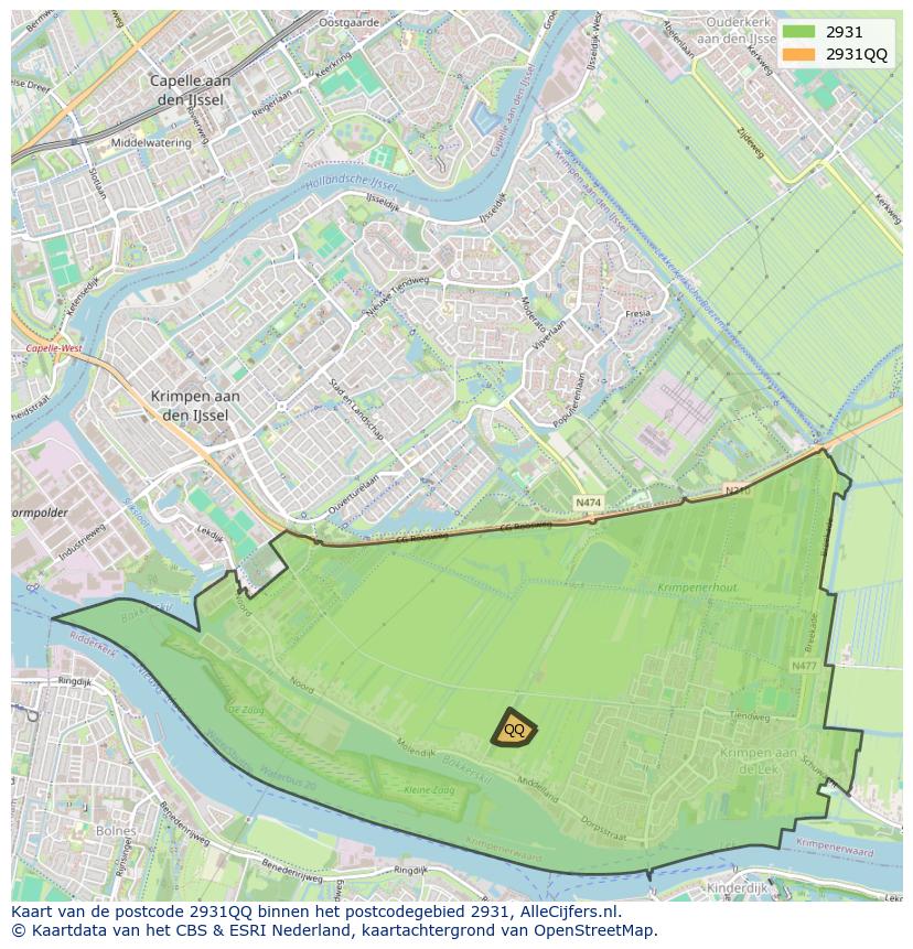 Afbeelding van het postcodegebied 2931 QQ op de kaart.