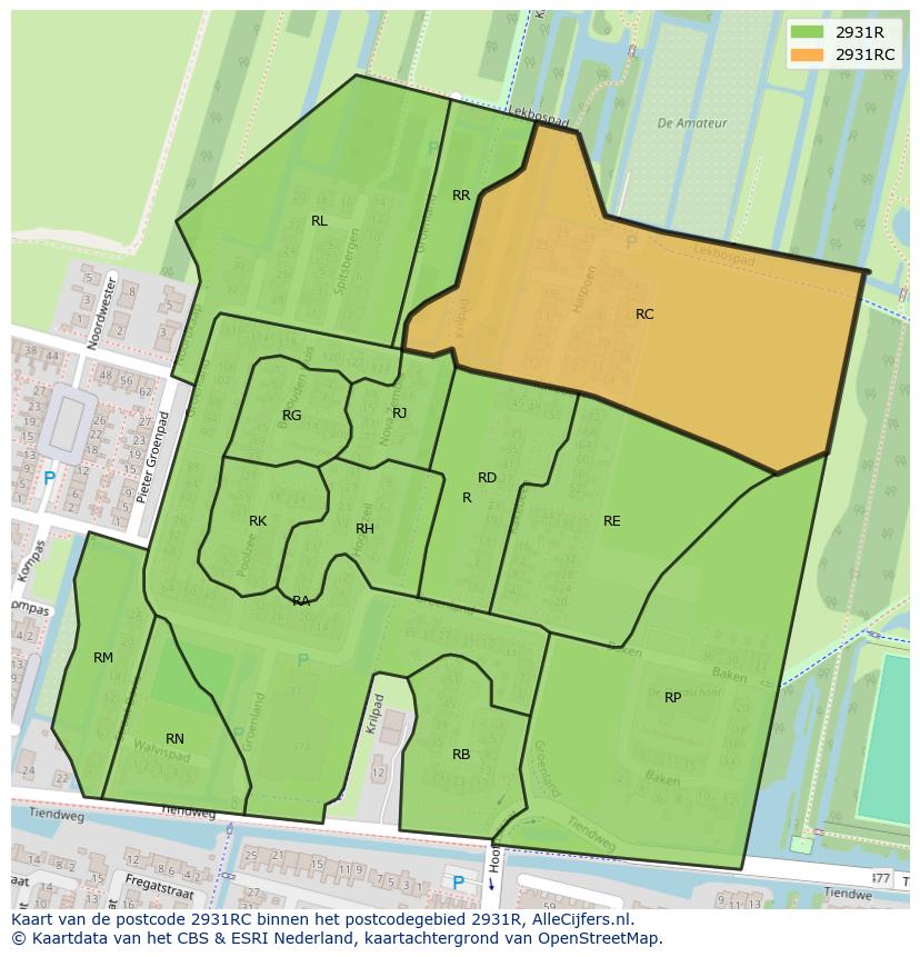 Afbeelding van het postcodegebied 2931 RC op de kaart.