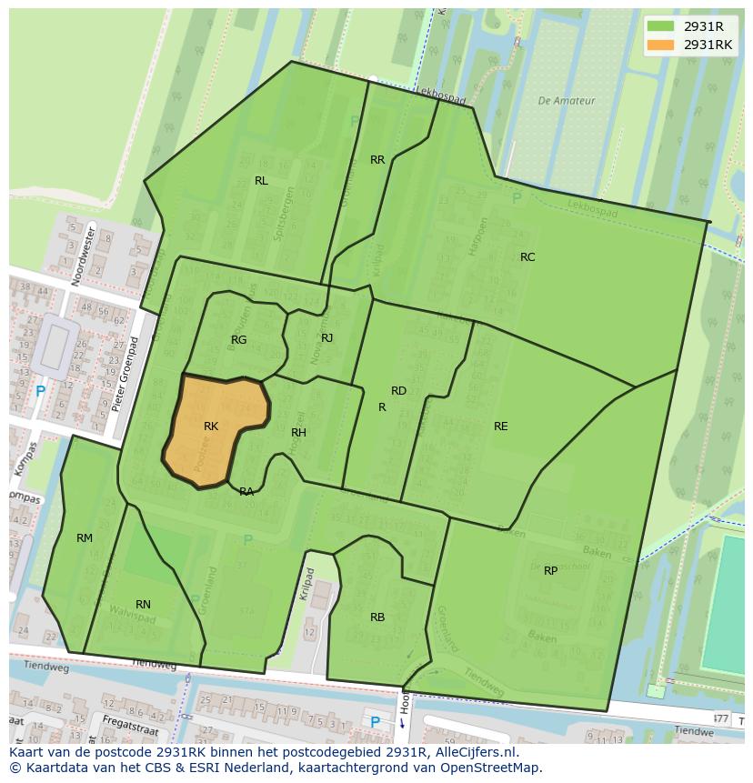 Afbeelding van het postcodegebied 2931 RK op de kaart.