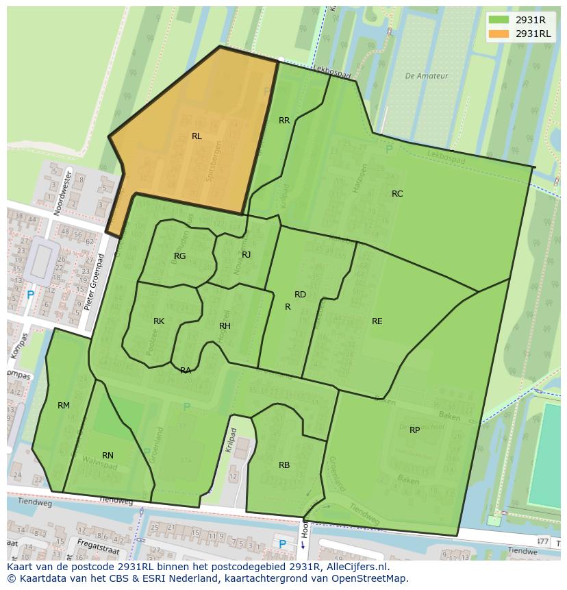 Afbeelding van het postcodegebied 2931 RL op de kaart.
