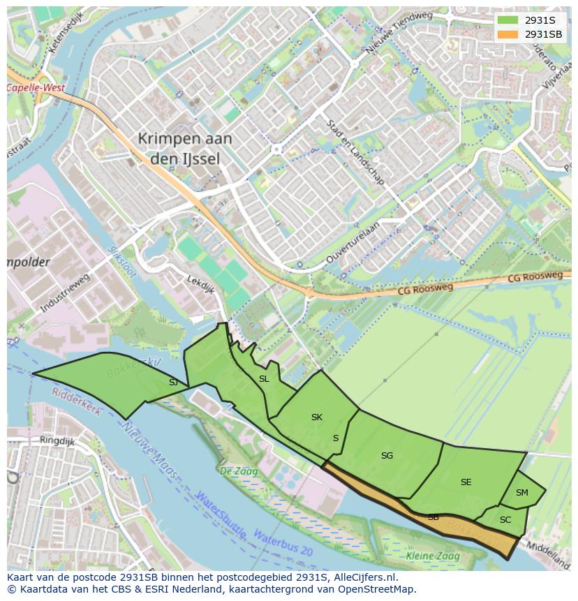 Afbeelding van het postcodegebied 2931 SB op de kaart.