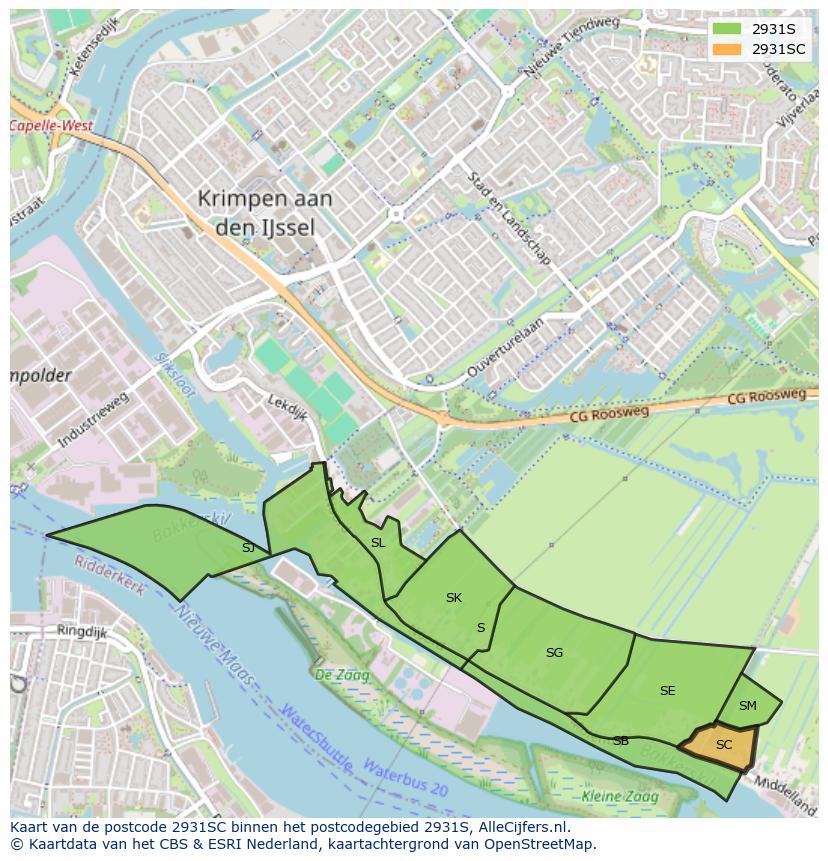 Afbeelding van het postcodegebied 2931 SC op de kaart.