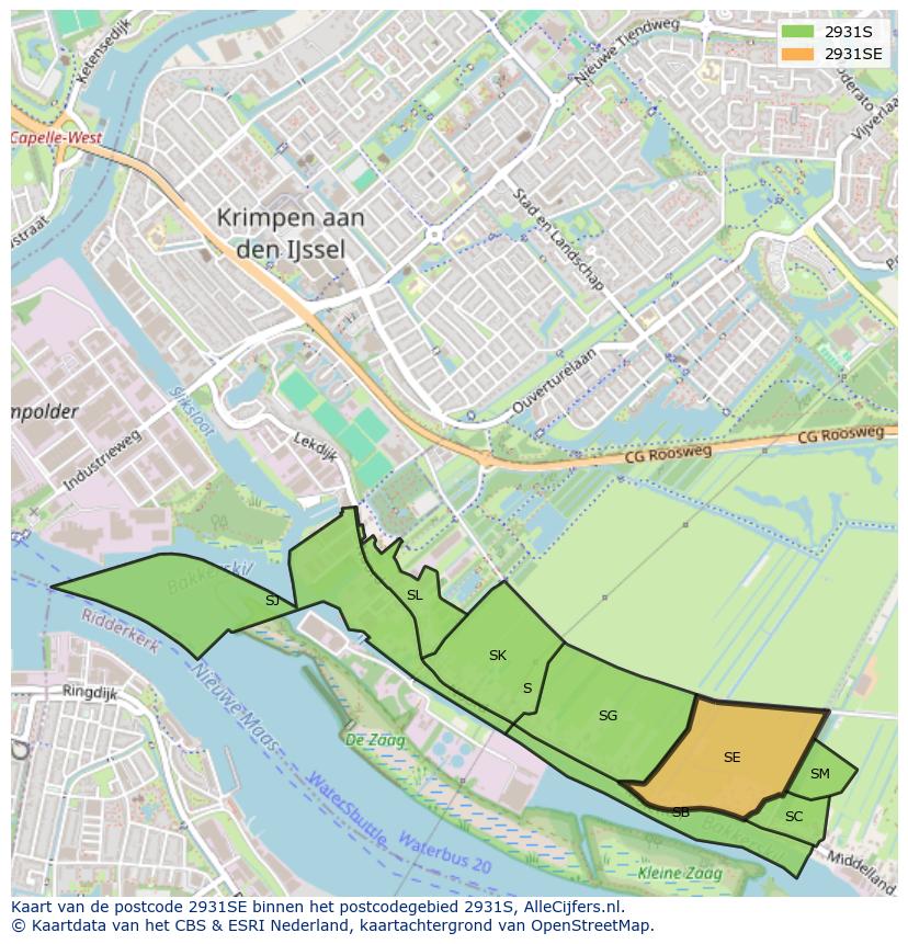 Afbeelding van het postcodegebied 2931 SE op de kaart.