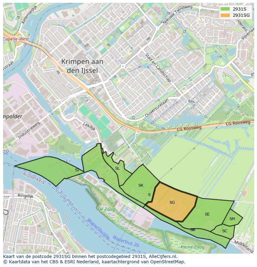 Afbeelding van het postcodegebied 2931 SG op de kaart.