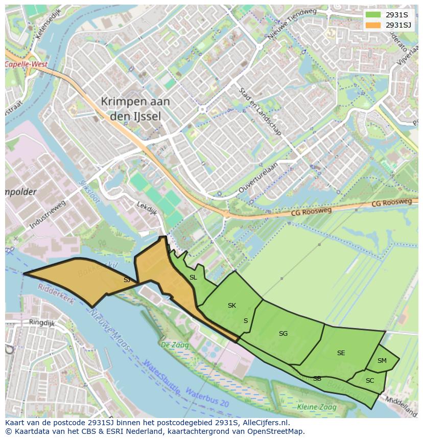 Afbeelding van het postcodegebied 2931 SJ op de kaart.