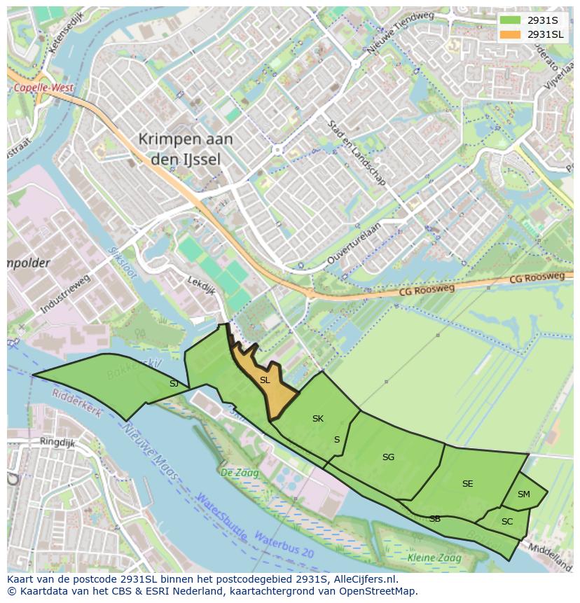 Afbeelding van het postcodegebied 2931 SL op de kaart.