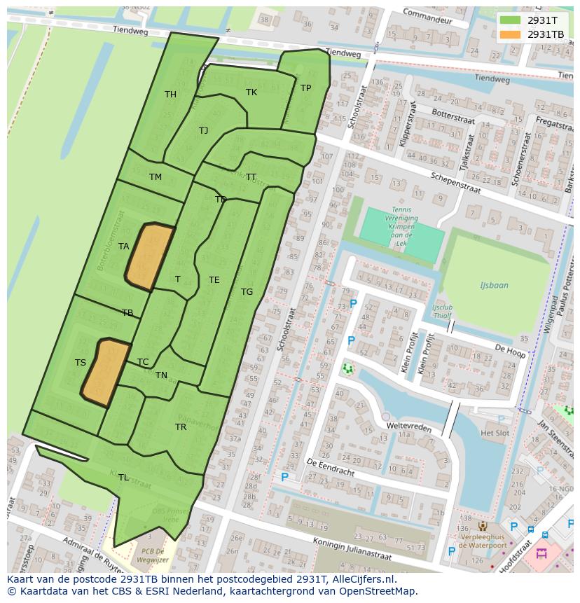 Afbeelding van het postcodegebied 2931 TB op de kaart.