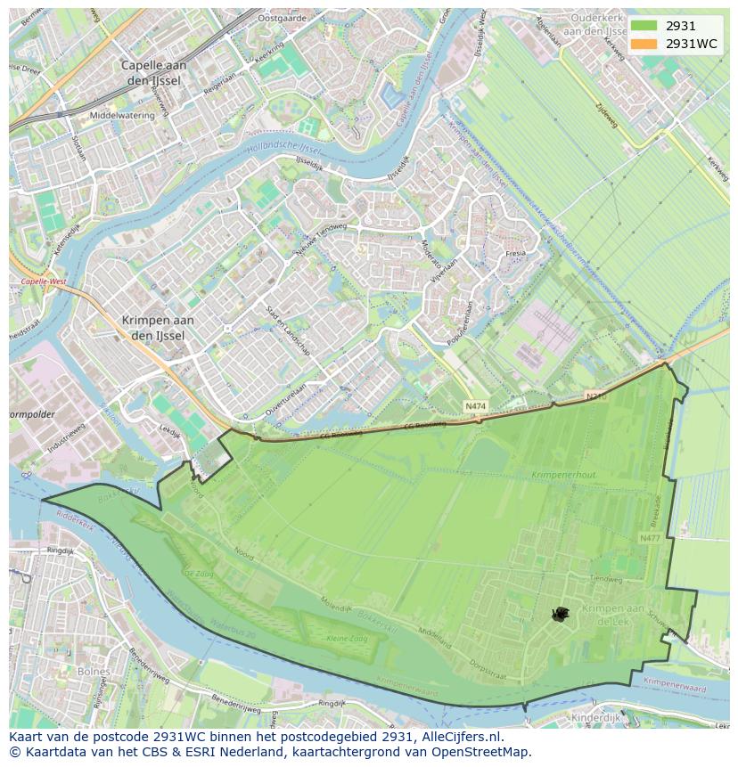 Afbeelding van het postcodegebied 2931 WC op de kaart.