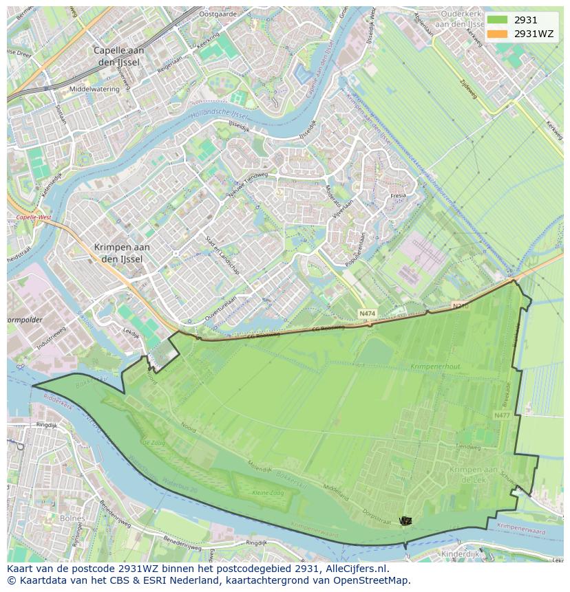 Afbeelding van het postcodegebied 2931 WZ op de kaart.