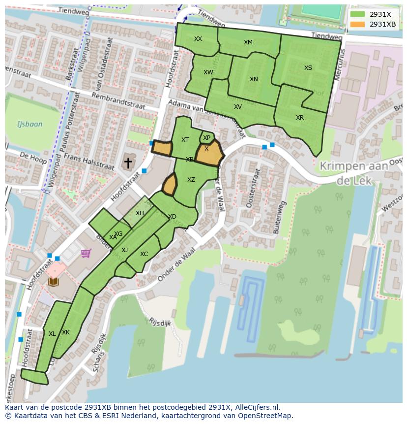 Afbeelding van het postcodegebied 2931 XB op de kaart.