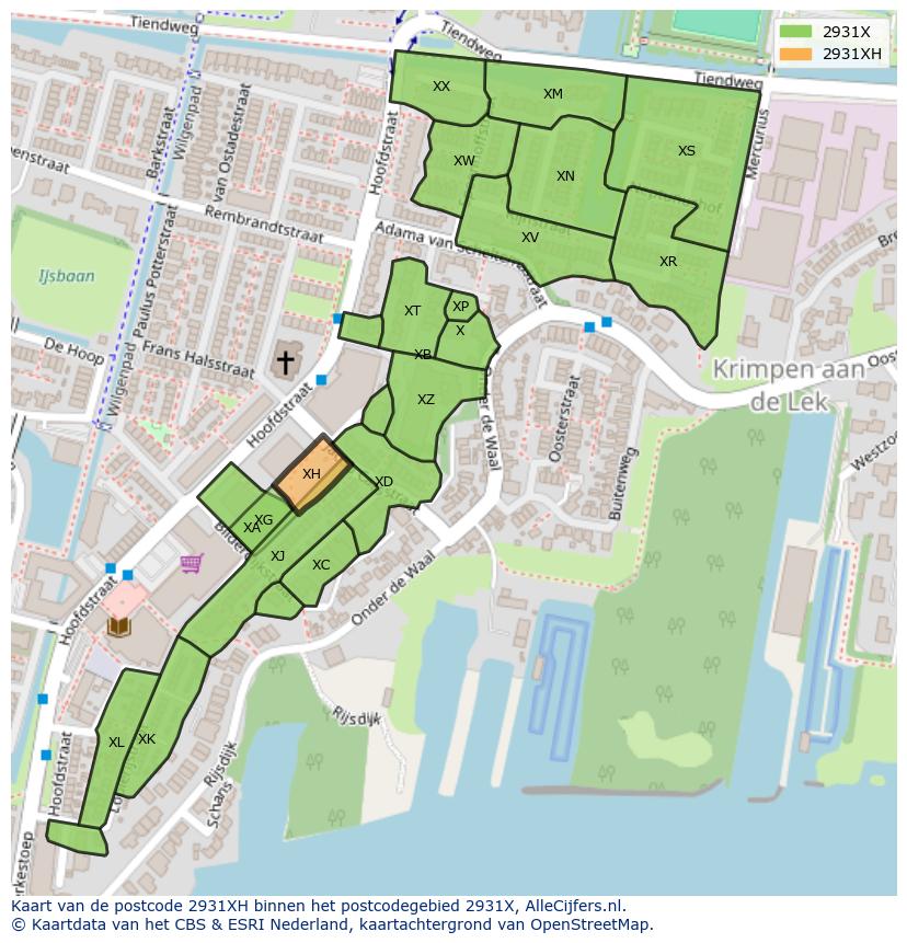 Afbeelding van het postcodegebied 2931 XH op de kaart.