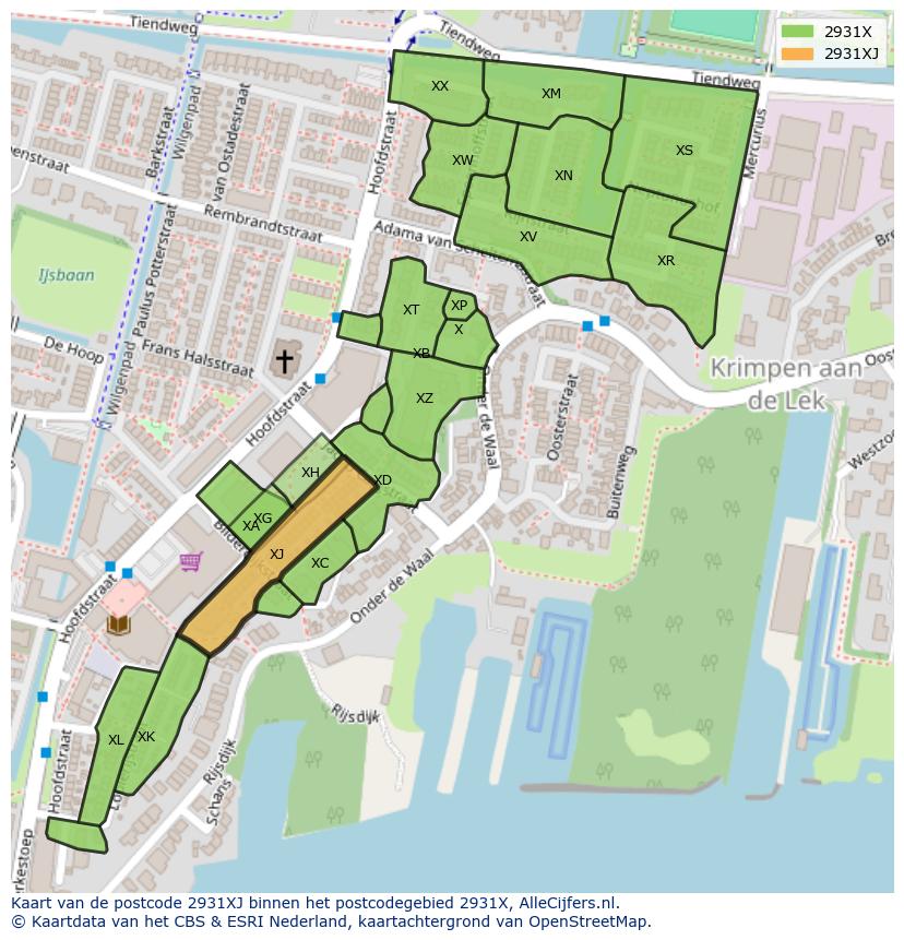 Afbeelding van het postcodegebied 2931 XJ op de kaart.