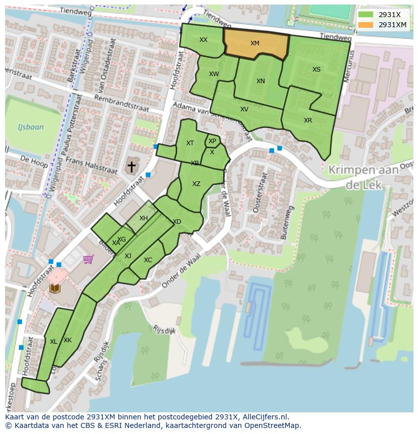 Afbeelding van het postcodegebied 2931 XM op de kaart.