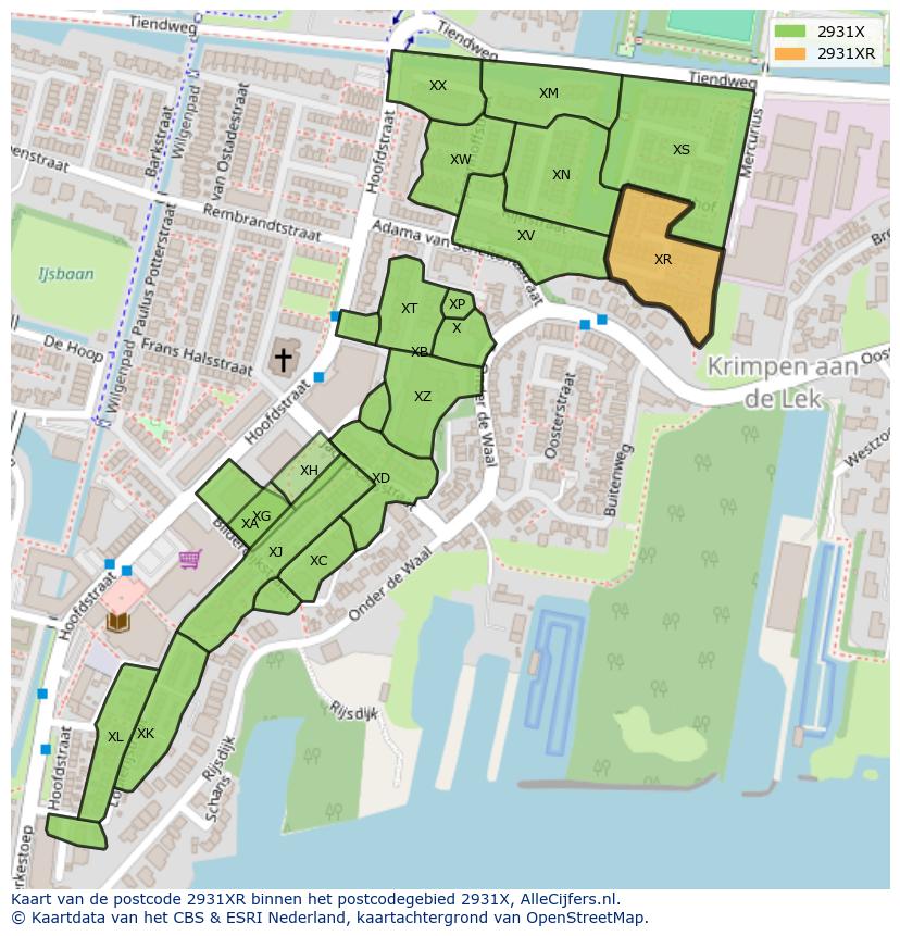 Afbeelding van het postcodegebied 2931 XR op de kaart.