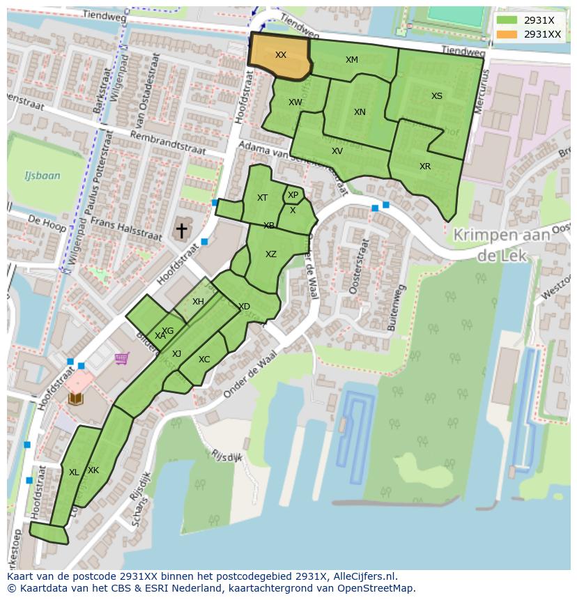 Afbeelding van het postcodegebied 2931 XX op de kaart.