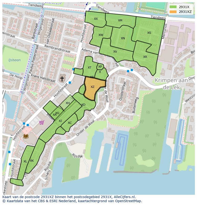 Afbeelding van het postcodegebied 2931 XZ op de kaart.
