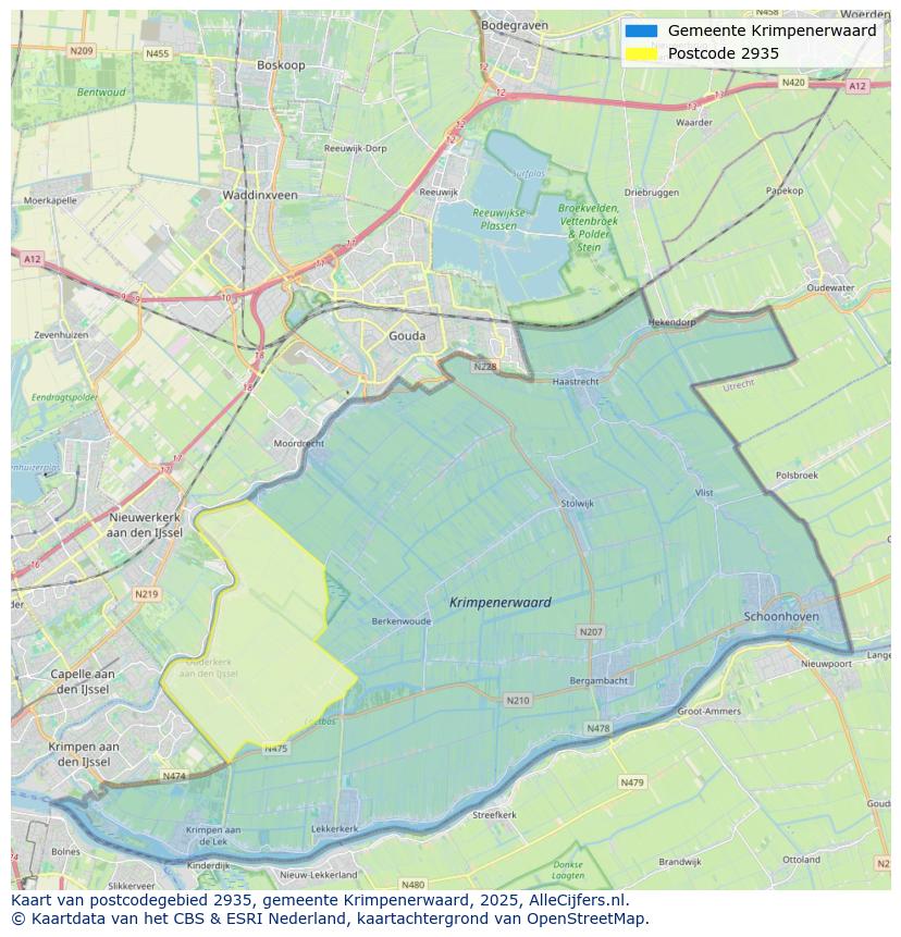 Afbeelding van het postcodegebied 2935 op de kaart.