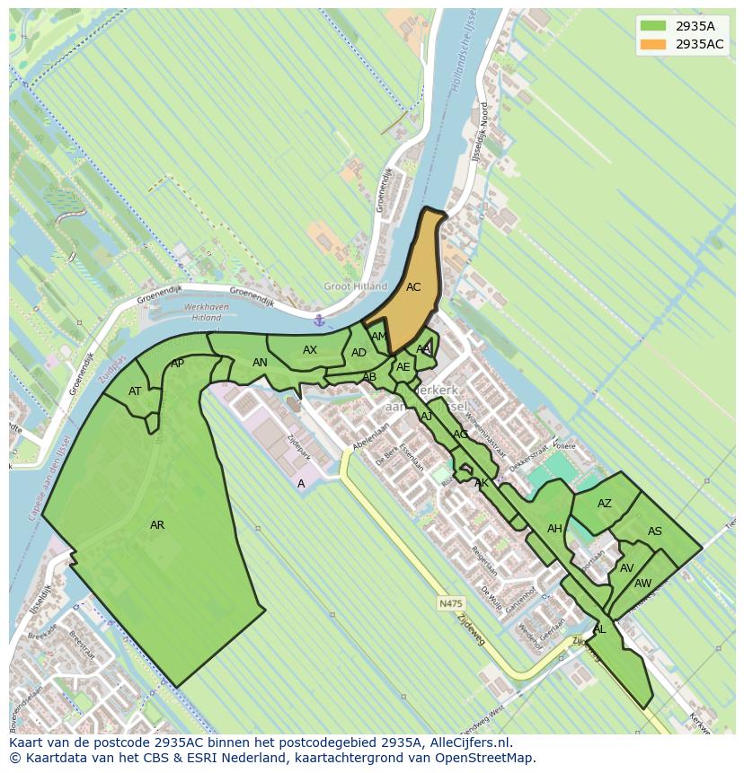 Afbeelding van het postcodegebied 2935 AC op de kaart.