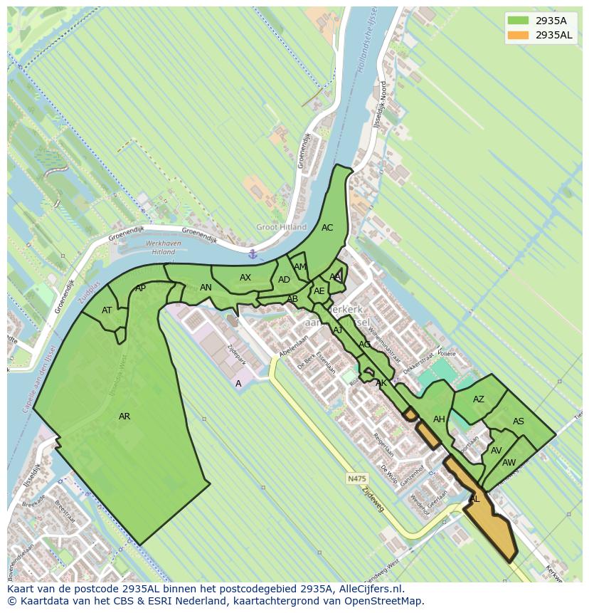 Afbeelding van het postcodegebied 2935 AL op de kaart.