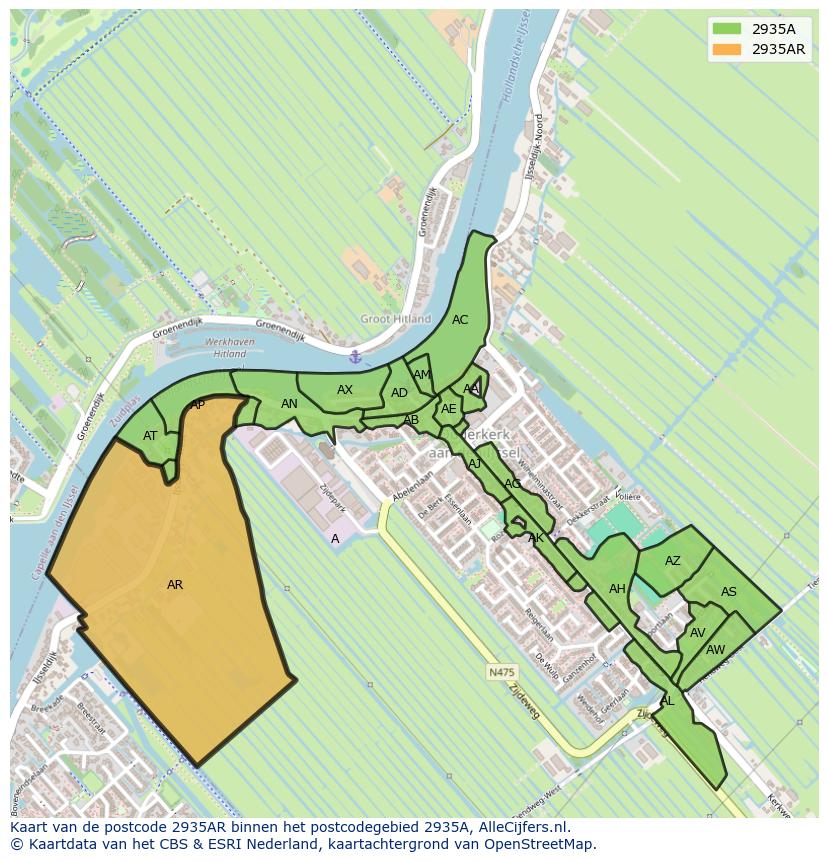 Afbeelding van het postcodegebied 2935 AR op de kaart.