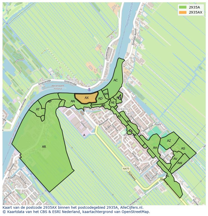 Afbeelding van het postcodegebied 2935 AX op de kaart.