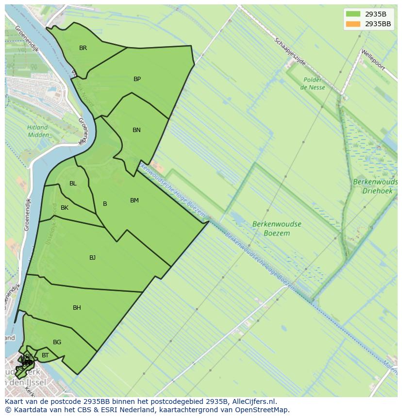 Afbeelding van het postcodegebied 2935 BB op de kaart.