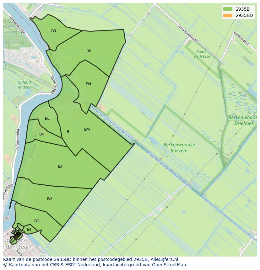 Afbeelding van het postcodegebied 2935 BD op de kaart.
