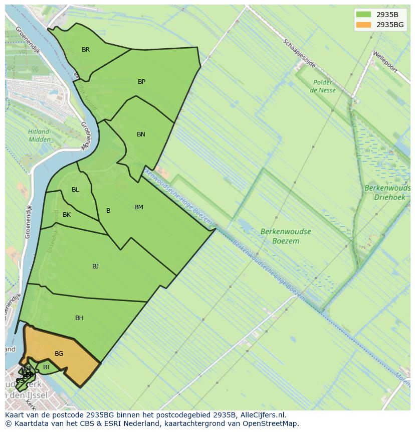 Afbeelding van het postcodegebied 2935 BG op de kaart.