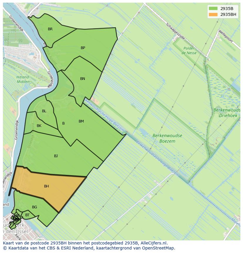 Afbeelding van het postcodegebied 2935 BH op de kaart.