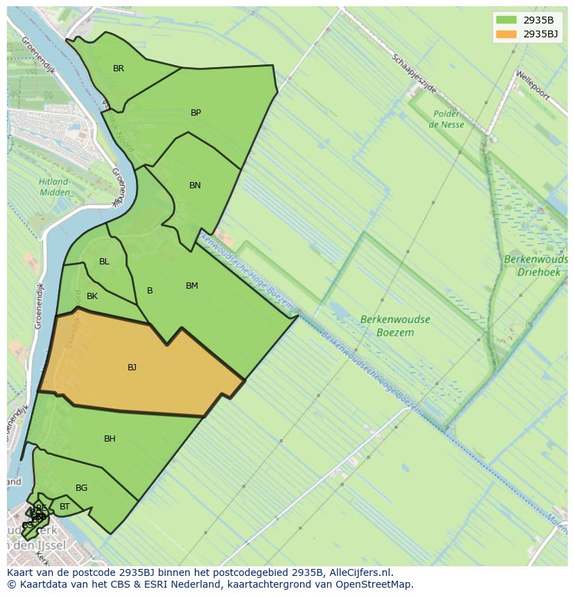 Afbeelding van het postcodegebied 2935 BJ op de kaart.