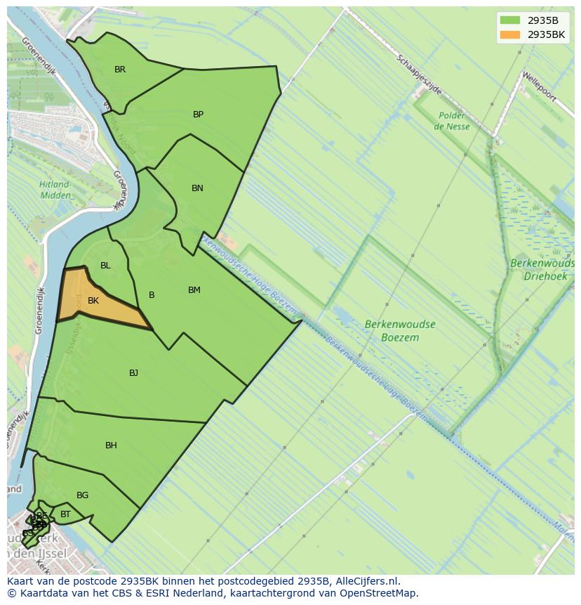 Afbeelding van het postcodegebied 2935 BK op de kaart.