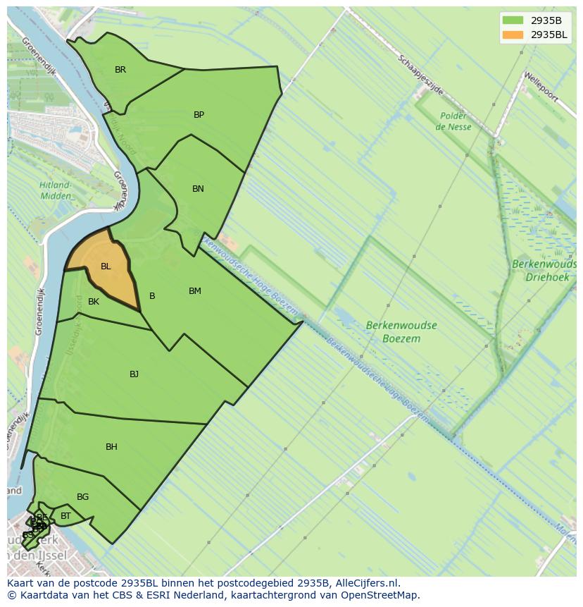 Afbeelding van het postcodegebied 2935 BL op de kaart.