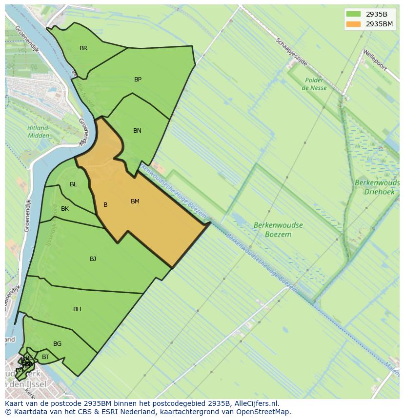 Afbeelding van het postcodegebied 2935 BM op de kaart.
